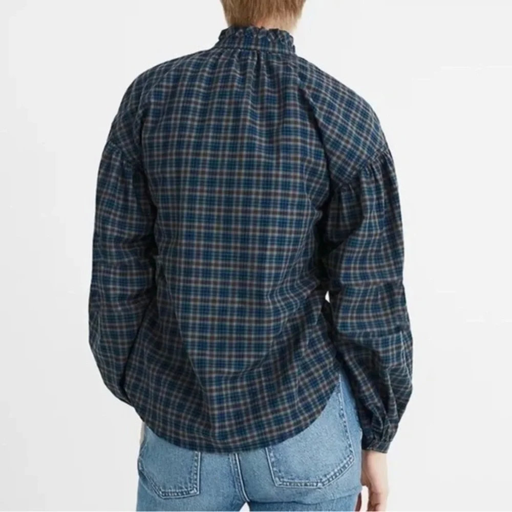 MADEWELL Teal‎ Blue Plaid Ruffle-Neck Popover Blouse Size Medium
